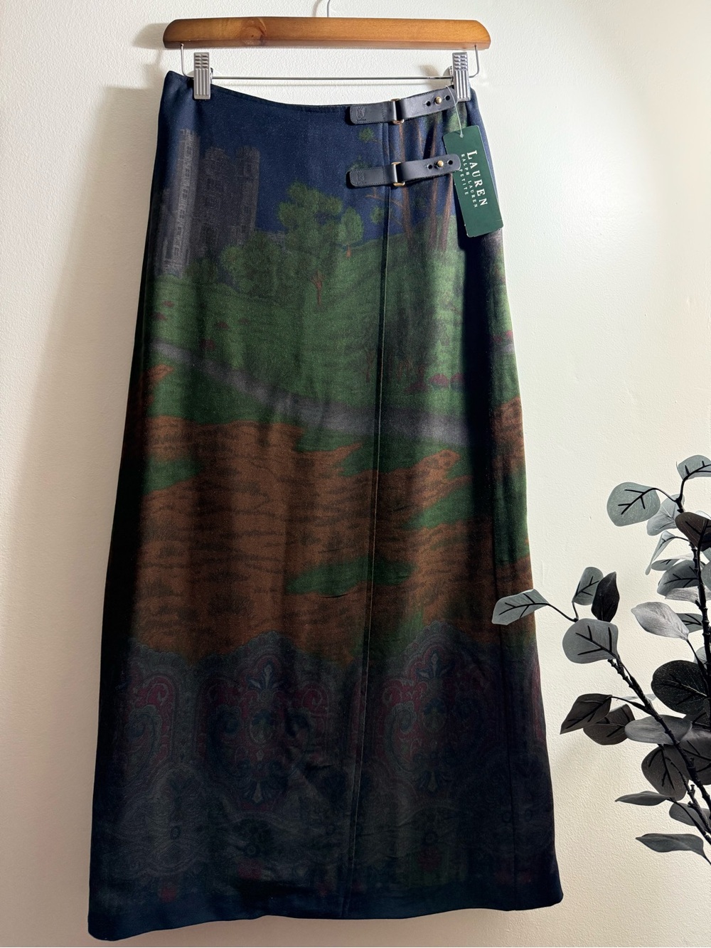 Ralph Lauren Green Multi Scenic Print Maxi Skirt with Buckle Detail